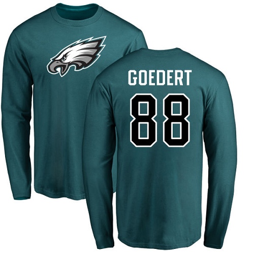 Men Philadelphia Eagles #88 Dallas Goedert Green Name and Number Logo Long Sleeve NFL T Shirt